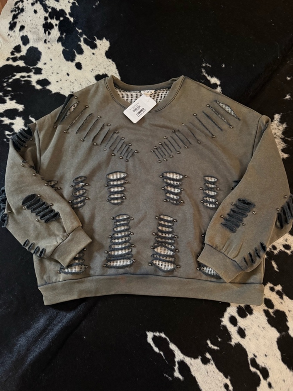 POL Distressed Olive Green Crewneck Sweater with Stud Accents